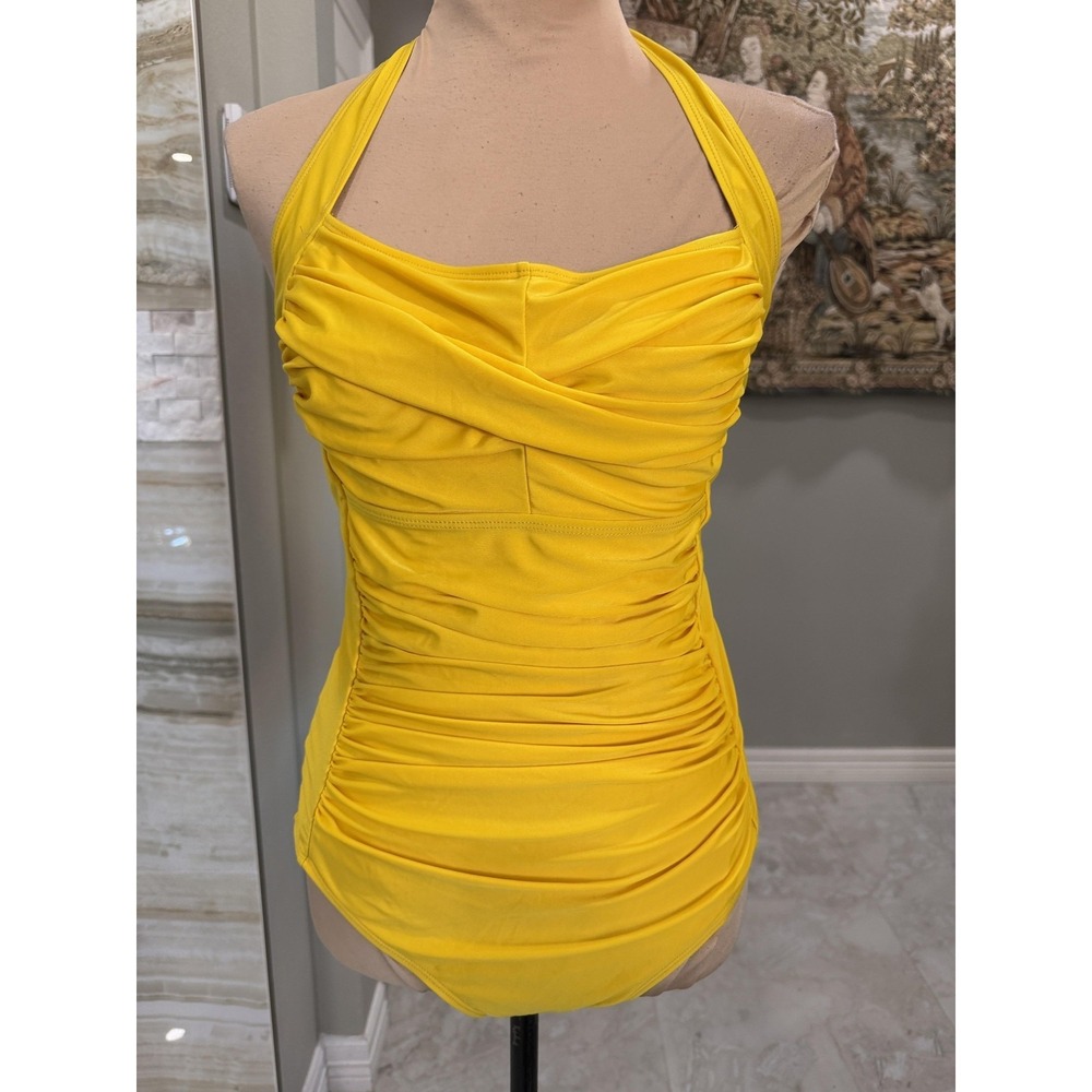Swimsuit Womens Medium Yellow Halter Ruched One Piece Lined Bathing Suit